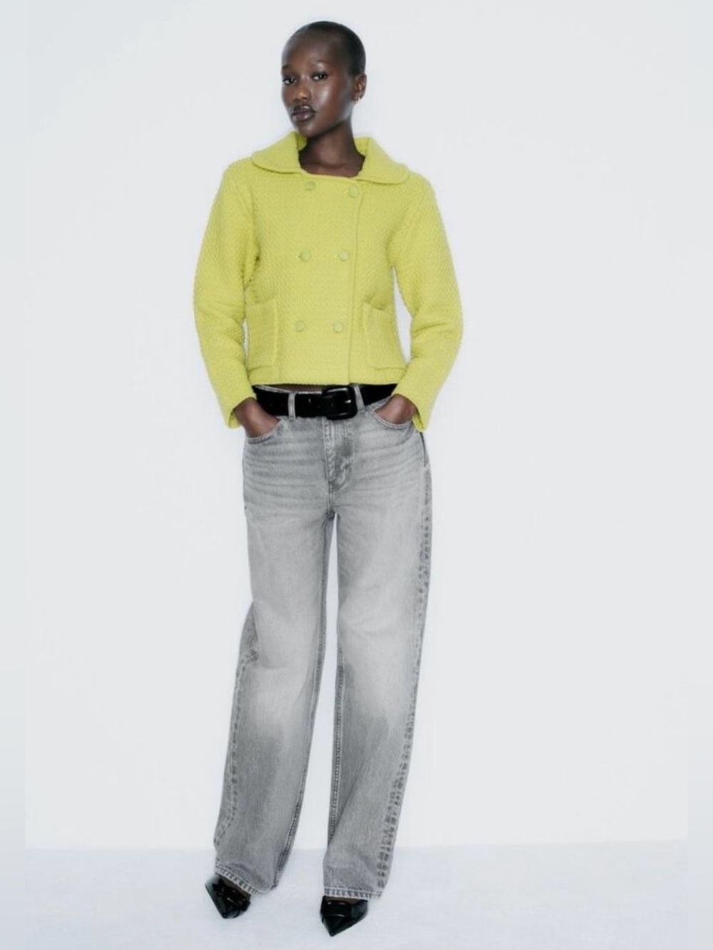 Zara Chunky Knit Cardigan With Peter Pan Collar in Lime Green - Picture 3 of 10